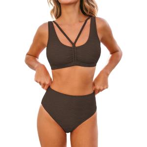 CUPSHE Women’s Bikini Sets Two Piece Swimsuit High Waisted Bathing Suit Scoop Neck Drawstring Textured(Chocolate Brown)