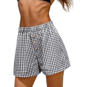 CUPSHE Women’s Gingham Shorts High Waist Elastic Waist Button Front Casual Loose Fit Summer Short(Black)