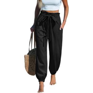CUPSHE Women’s High Waist Wide Leg Pants with Pockets Ruffle Loose Fit Casual Beach(Black)