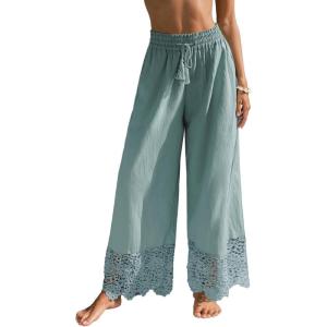 CUPSHE Women’s Lace Trim Wide Leg Pants, Summer High Waist Palazzo Casual Cotton Beach Pants with Pockets(Aqua Blue)