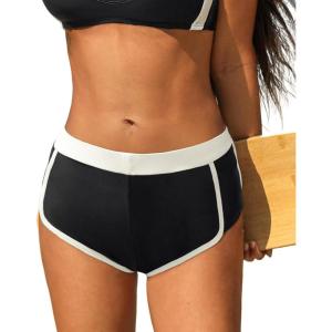 CUPSHE Women’s Swimsuit Bikini Bottom Sporty Boy Short Full Coverage Bathing Suit Color Block Retro(Black/White)