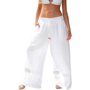 CUPSHE Womens Wide Leg Cover Up Beach Pants Summer Drawstring Elastic Waist Vacation Palazzo Pant(White)