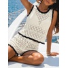 CUPSHE Women Crochet Coverup Tops Sleeveless Cropped Beach Coverup Top for Swimwear(Beige)