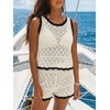 CUPSHE Women Crochet Coverup Tops Sleeveless Cropped Beach Coverup Top for Swimwear(Beige)