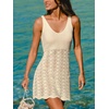 CUPSHE Women Crochet Swimsuit Cover Ups Dress Sleeveless V Neck Knitted Beach Coverup Dress(Beige)