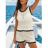 CUPSHE Women Crochet Swimsuit Cover Ups Shorts Casual High Waist Knit Beach Coverup Shorts(Beige)