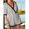 CUPSHE Women’s Summer Swimsuit Cover Up V Neck Casual Romper Striped Crochet Beach Cover Up Romper(Black Striped)
