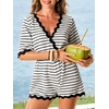 CUPSHE Women’s Summer Swimsuit Cover Up V Neck Casual Romper Striped Crochet Beach Cover Up Romper(Black Striped)