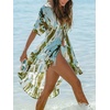 CUPSHE Womens Swimsuit Coverup Kimono Plunging V Half Sleeve Kimono Beach Cover Up Dress(Cyan Patterned)