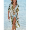 CUPSHE Womens Swimsuit Coverup Kimono Plunging V Half Sleeve Kimono Beach Cover Up Dress(Cyan Patterned)