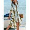 CUPSHE Womens Swimsuit Coverup Kimono Plunging V Half Sleeve Kimono Beach Cover Up Dress(Cyan Patterned)