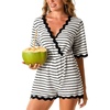 CUPSHE Women’s Summer Swimsuit Cover Up V Neck Casual Romper Striped Crochet Beach Cover Up Romper(Black Striped)