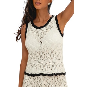 CUPSHE Women Crochet Coverup Tops Sleeveless Cropped Beach Coverup Top for Swimwear(Beige)