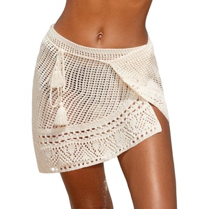 CUPSHE Women’s Crochet Coverup Skirt Self Tie Knit Mini Wrap Skirt Cover Ups for Swimwear(Beige)