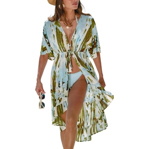 CUPSHE Womens Swimsuit Coverup Kimono Plunging V Half Sleeve Kimono Beach Cover Up Dress(Cyan Patterned)