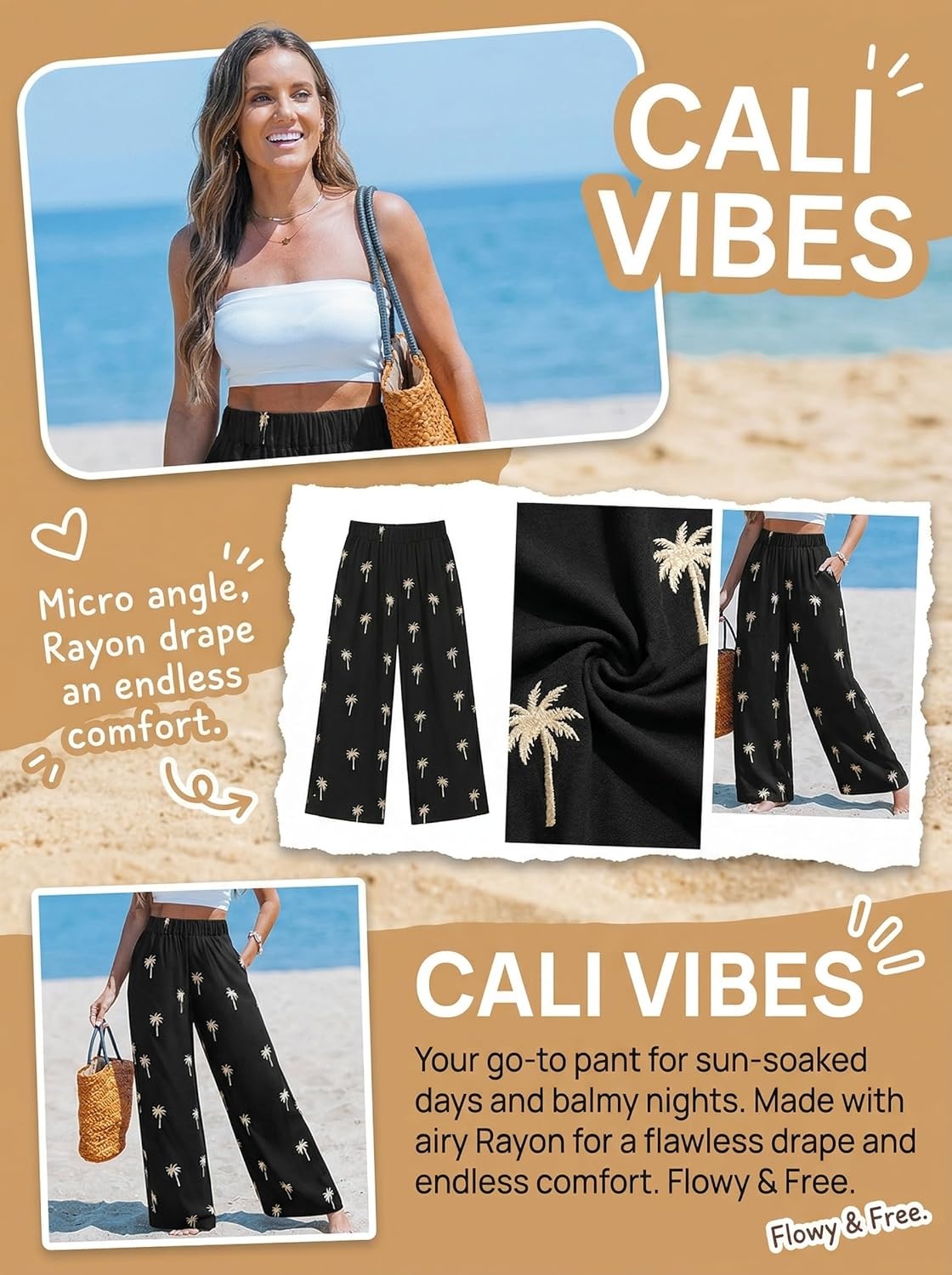 imageCUPSHE Women Wide Leg Beach Pants Tropical Floral Plus Size Pants with Pockets Vacation Casual DressyBlack3