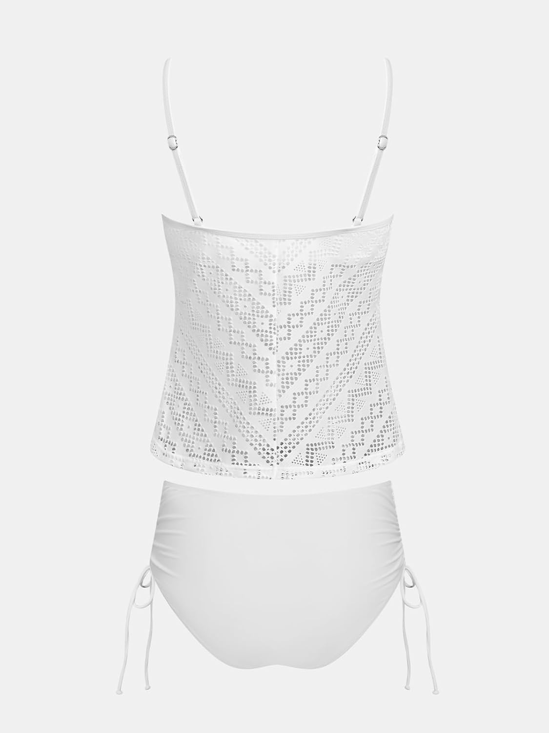 imageCUPSHE Womens Tankini Sets Two Piece V Neck Mesh Swimsuit Bathing Suit Adjustable Spaghetti Straps Side TieCream White