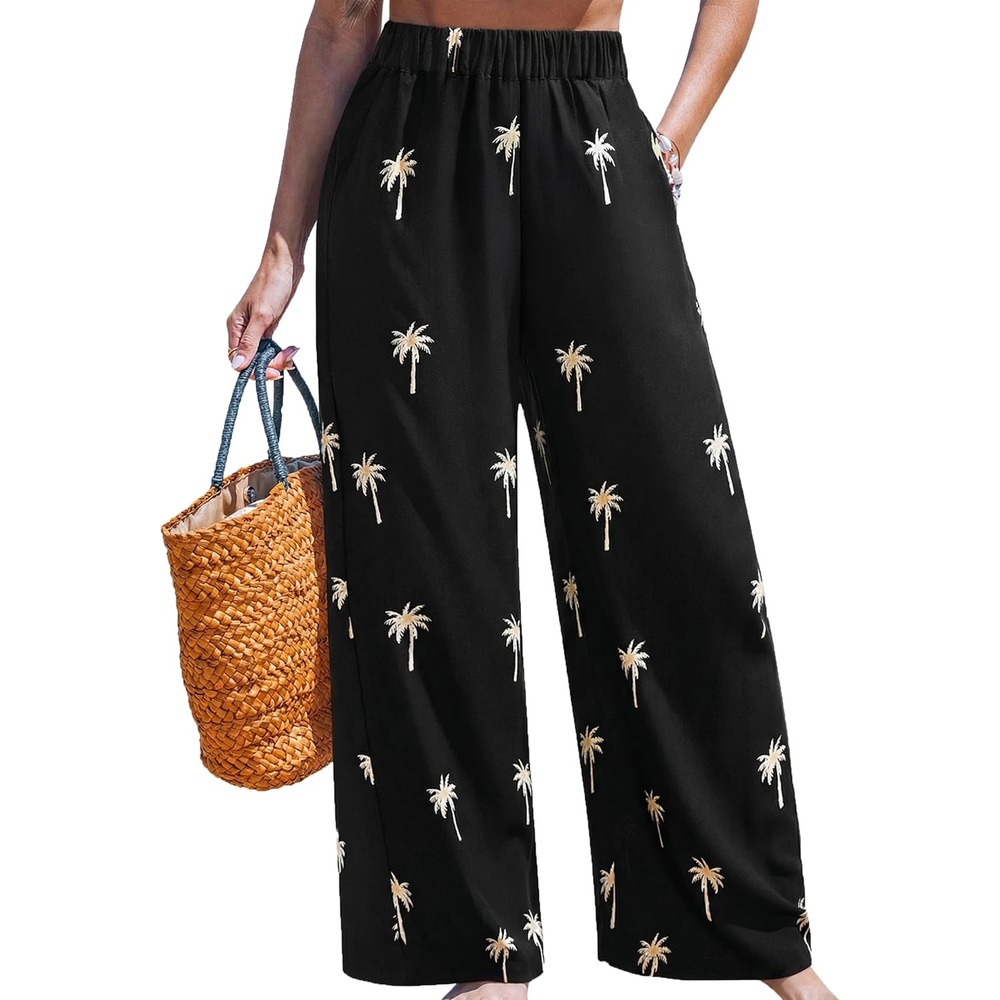 imageCUPSHE Women Wide Leg Beach Pants Tropical Floral Plus Size Pants with Pockets Vacation Casual DressyBlack3
