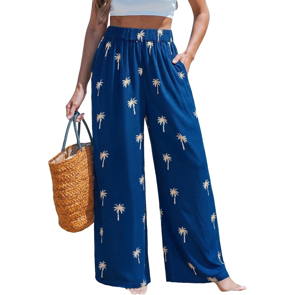 imageCUPSHE Women Wide Leg Beach Pants Tropical Floral Plus Size Pants with Pockets Vacation Casual DressyBlue3