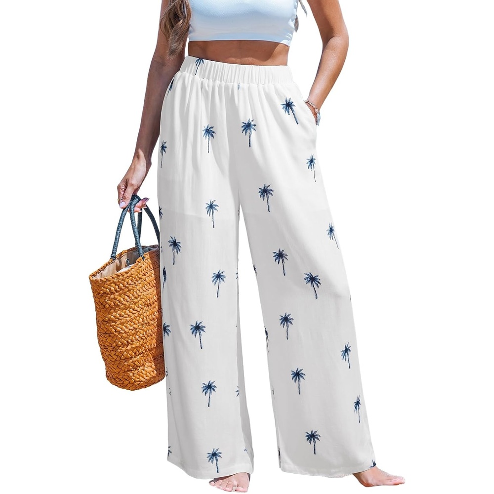imageCUPSHE Women Wide Leg Beach Pants Tropical Floral Plus Size Pants with Pockets Vacation Casual DressyWhite3