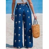 CUPSHE Women Wide Leg Beach Pants Tropical Floral Plus Size Pants with Pockets Vacation Casual Dressy(Blue-3)
