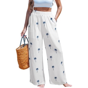 CUPSHE Women Wide Leg Beach Pants Tropical Floral Plus Size Pants with Pockets Vacation Casual Dressy(White-3)