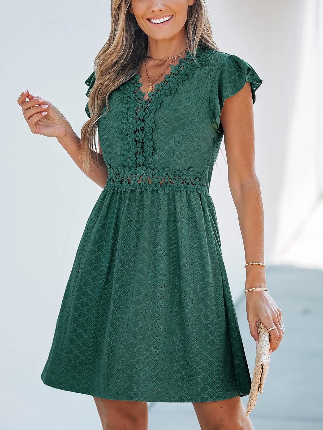 image:imageCUPSHE Summer Dress for Women Casual Spring V Neck Lace Appliques Cap Sleeves Hollow Out Beach Mini DressGreen