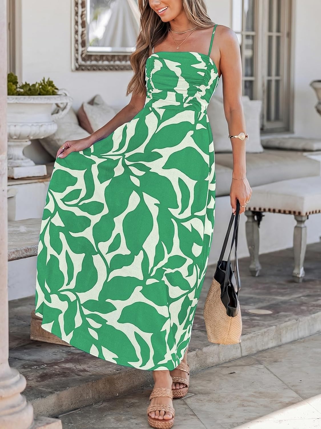 image:imageCUPSHE Summer Maxi Dress for Women Casual Beach Vacation Dress Spaghetti Strap Ruched Sleeveless Sundress A Line Resort WearMint Abstract