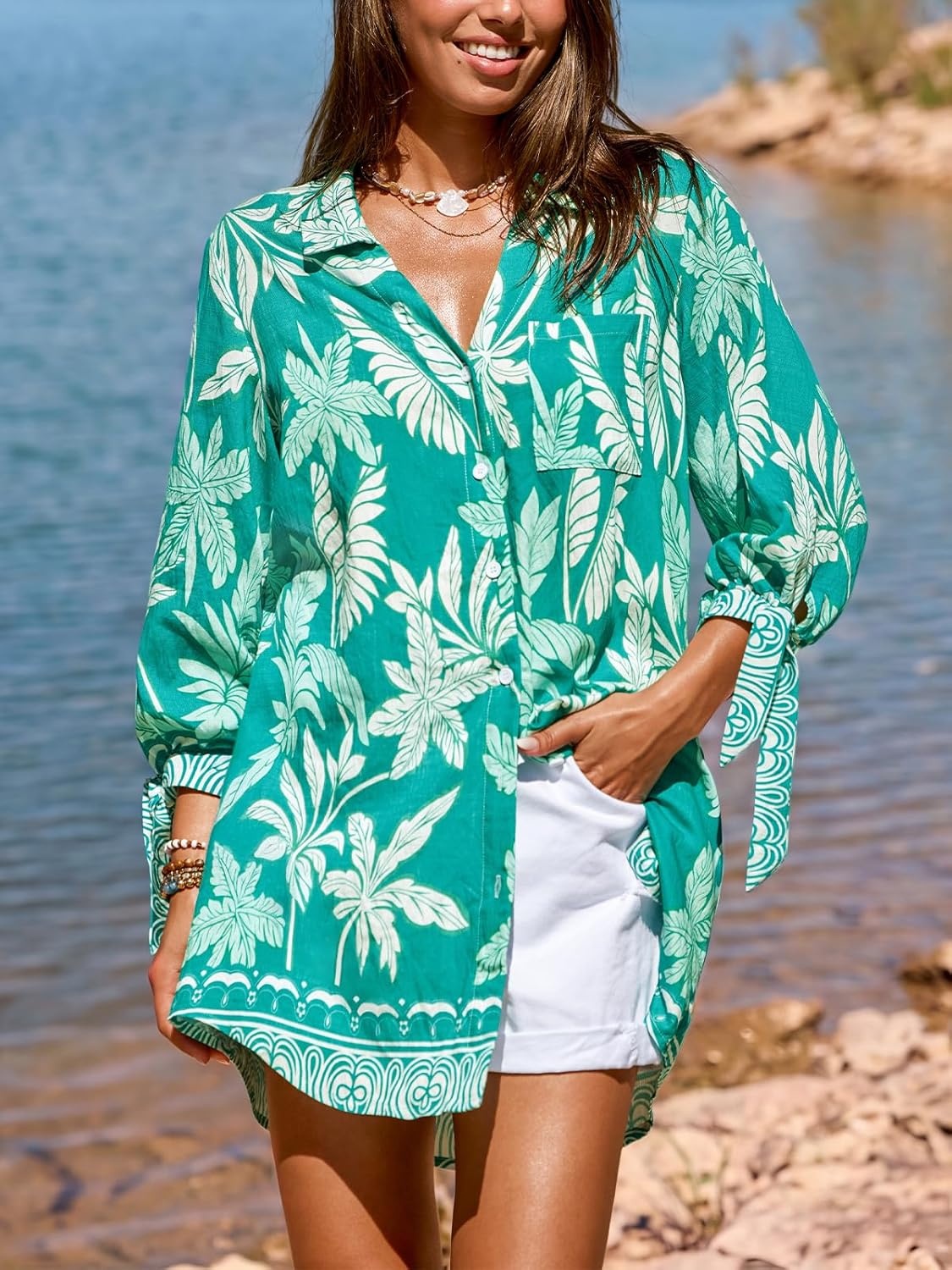 image:imageCUPSHE Women Mini Summer Dress Cover Up Oversize Floral Shirt 34 Sleeve Cuff Tie Button Down Beach Dresses Cover Up TopEmerald Green Tropical