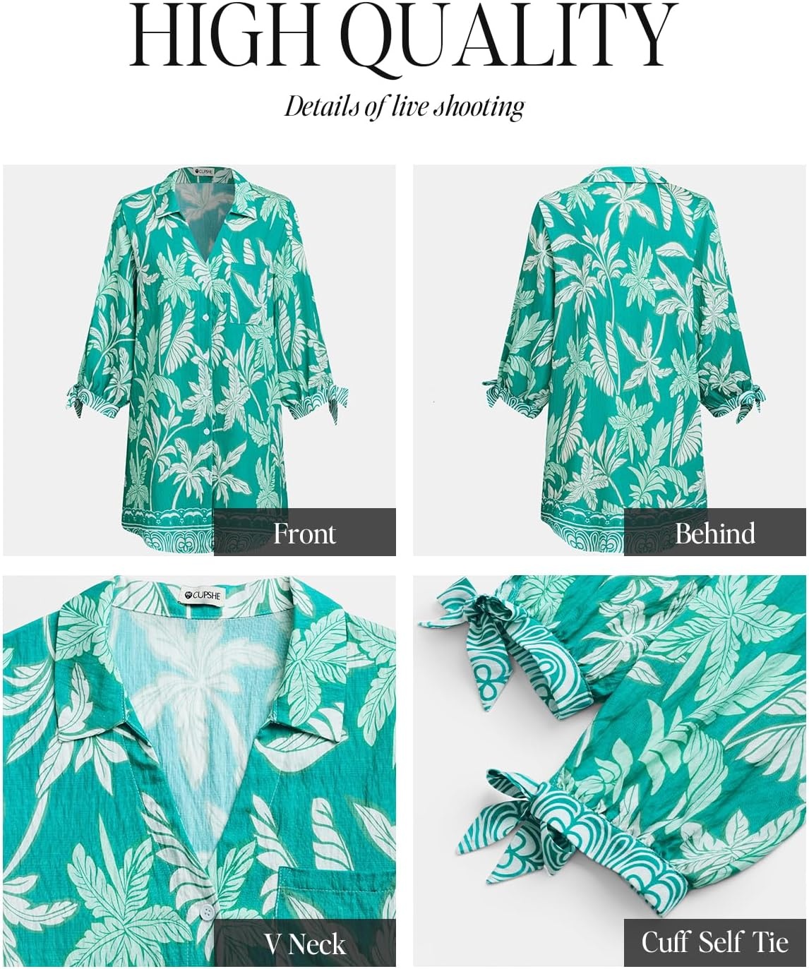 image:imageCUPSHE Women Mini Summer Dress Cover Up Oversize Floral Shirt 34 Sleeve Cuff Tie Button Down Beach Dresses Cover Up TopEmerald Green Tropical
