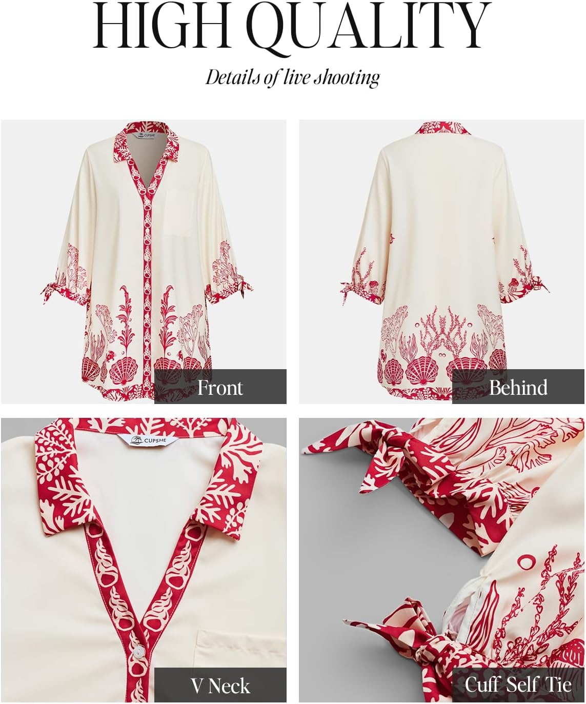 image:imageCUPSHE Women Mini Summer Dress Cover Up Oversize Floral Shirt 34 Sleeve Cuff Tie Button Down Beach Dresses Cover Up TopWhite Rose