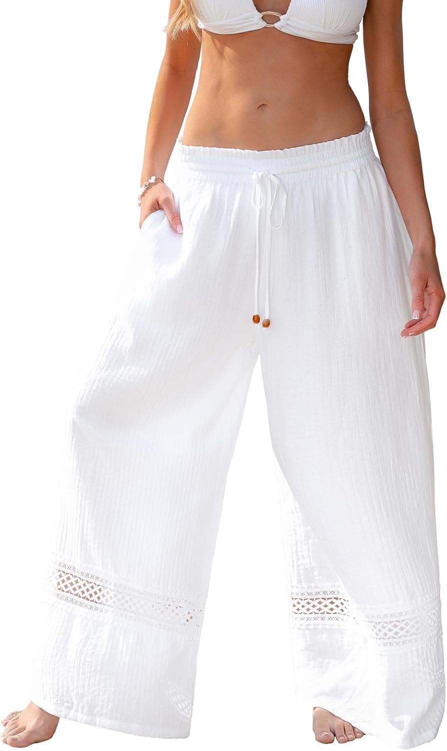 imageCUPSHE Women Wide Leg Beach Pants Tropical Floral Plus Size Pants with Pockets Vacation Casual DressyWhite