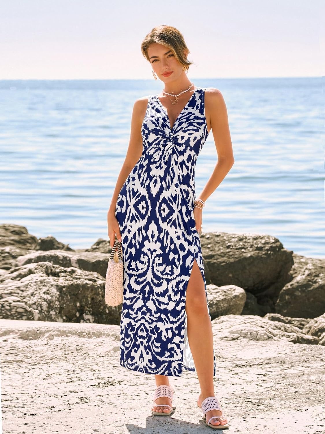 image:imageCUPSHE Womens Boho Summer Dress V Neck Sleeveless Midi Sundress Floral Beach Vacation Dress Slit Casual Flowy DressNavy Printed