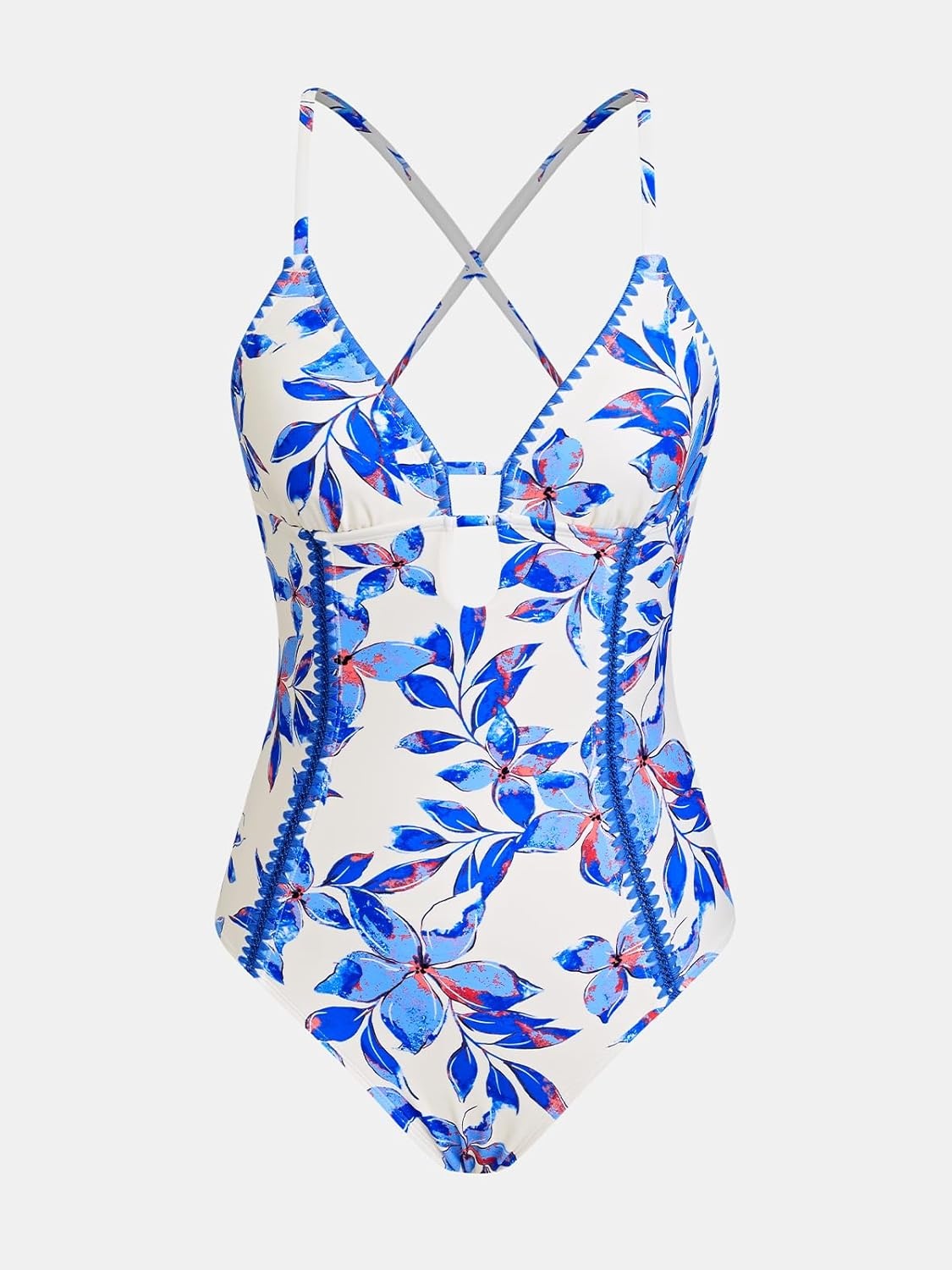 image:imageCUPSHE Womens One Piece Swimsuit Plunging V Neck Shell Stitch Bathing Suit Self Tie Adjustable Cutouts SwimwearAzure BlueFloral