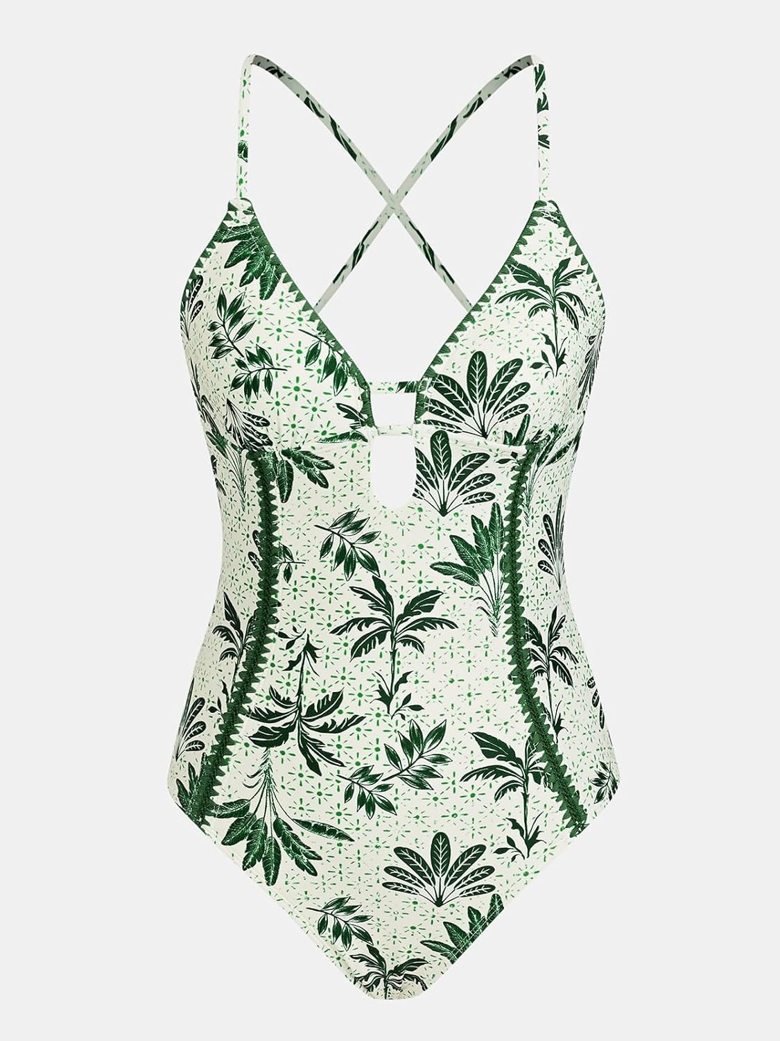 image:imageCUPSHE Womens One Piece Swimsuit Plunging V Neck Shell Stitch Bathing Suit Self Tie Adjustable Cutouts SwimwearEmerald GreenLeaf