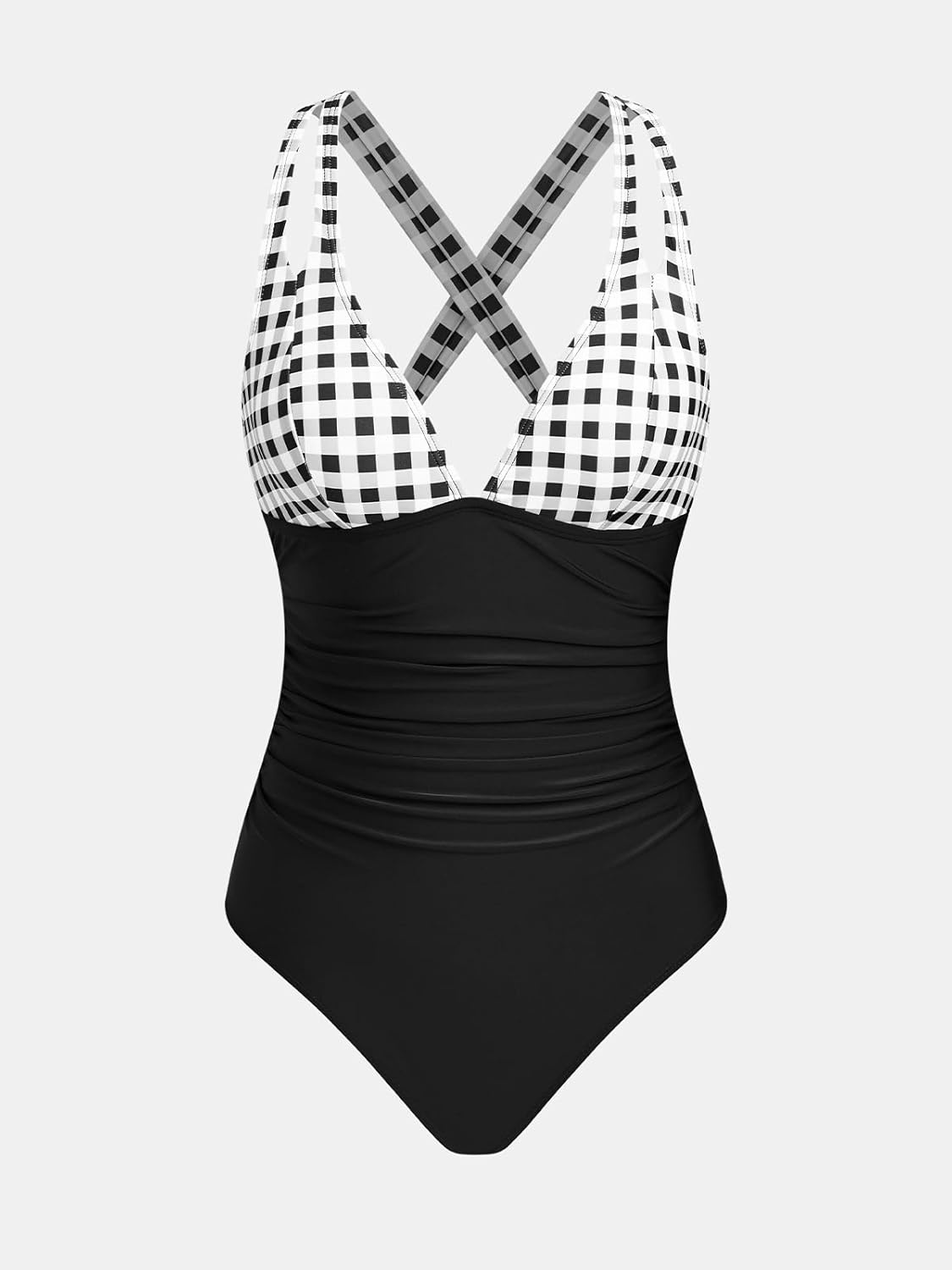 image:imageCUPSHE Womens One Piece Swimsuit Tummy Control Deep V Neck Double Straps Crisscross Back Tie Bathing SuitBlackGingham