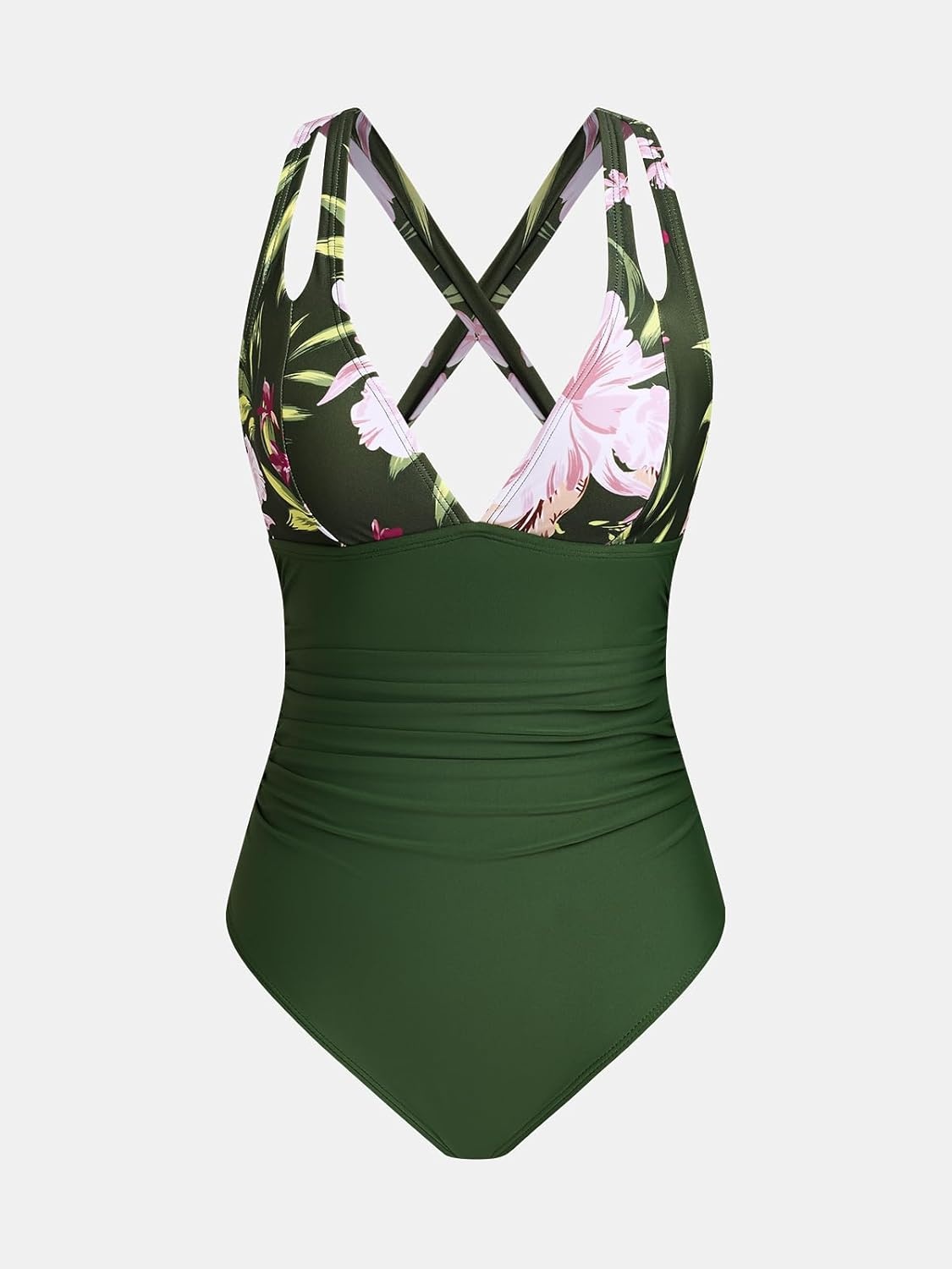 image:imageCUPSHE Womens One Piece Swimsuit Tummy Control Deep V Neck Double Straps Crisscross Back Tie Bathing SuitOlive GreenFloral