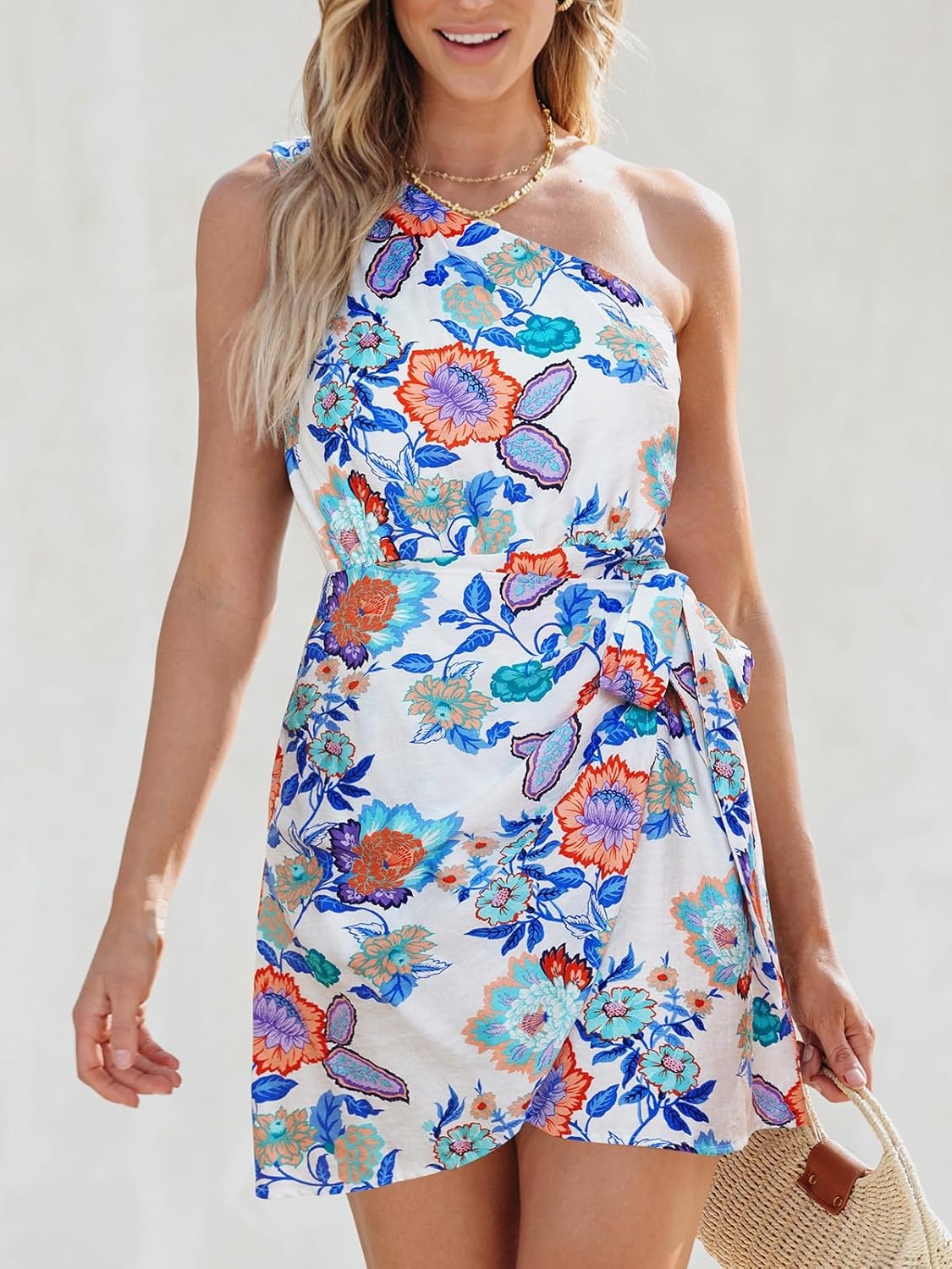 image:imageCUPSHE Womens One Shoulder Leaf Print Selftie Short Dress Sleeveless Tiered Hem Formal Dress Casual Mini DressWhite Floral