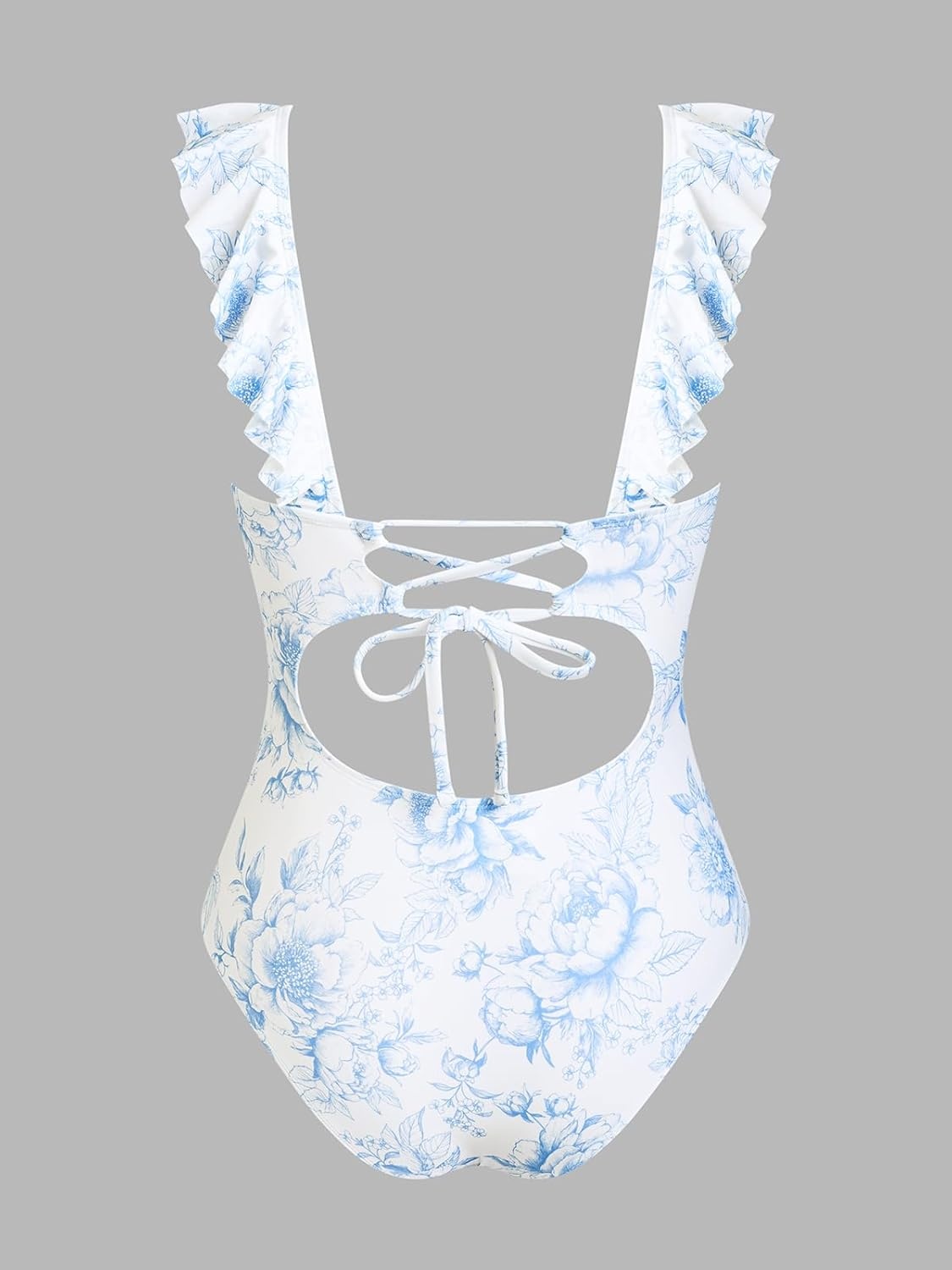 image:imageCUPSHE Womens Ruffled One Piece Swimsuit V Neck Lace UpCreamBlue Floral
