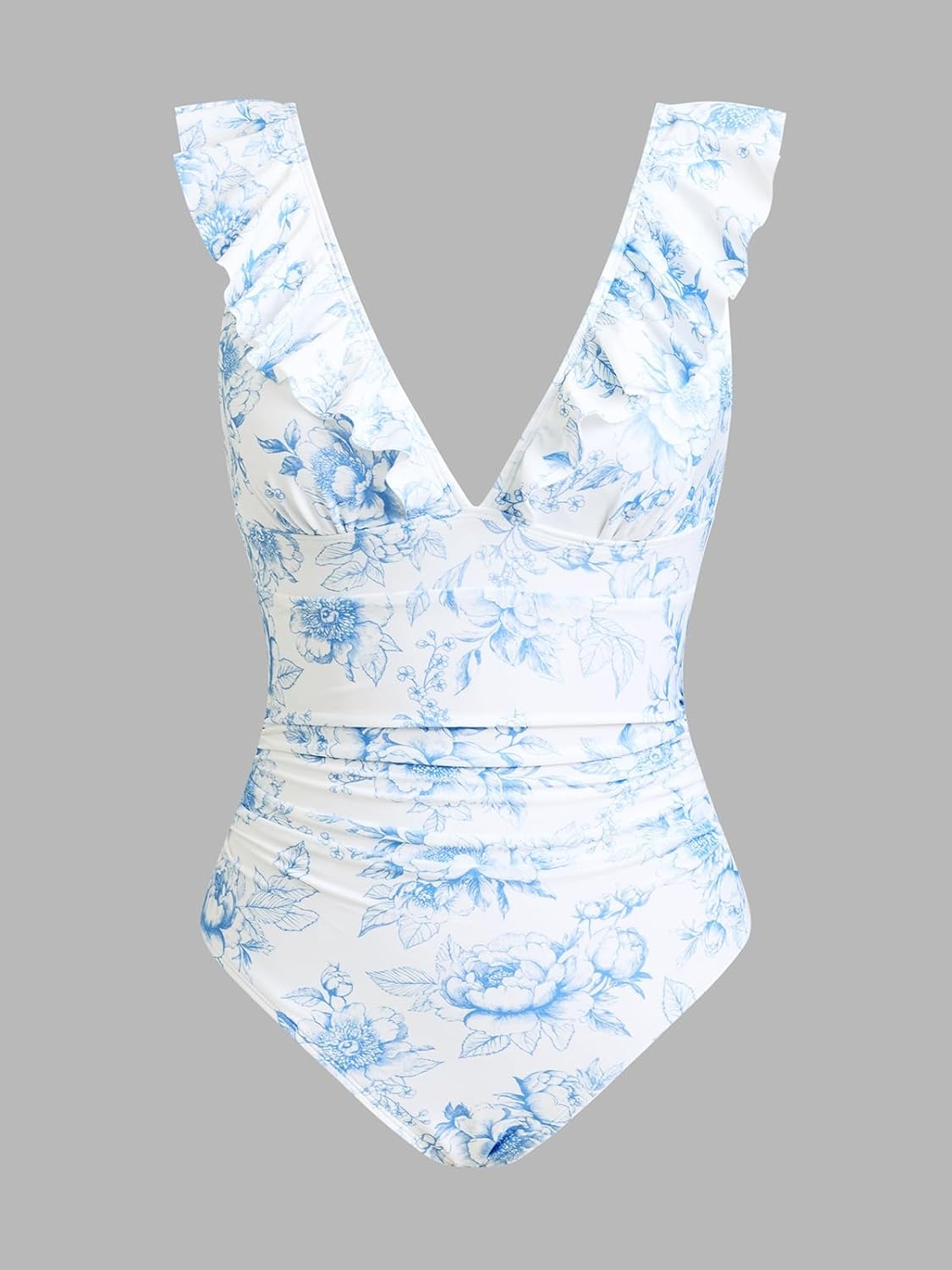 image:imageCUPSHE Womens Ruffled One Piece Swimsuit V Neck Lace UpCreamBlue Floral