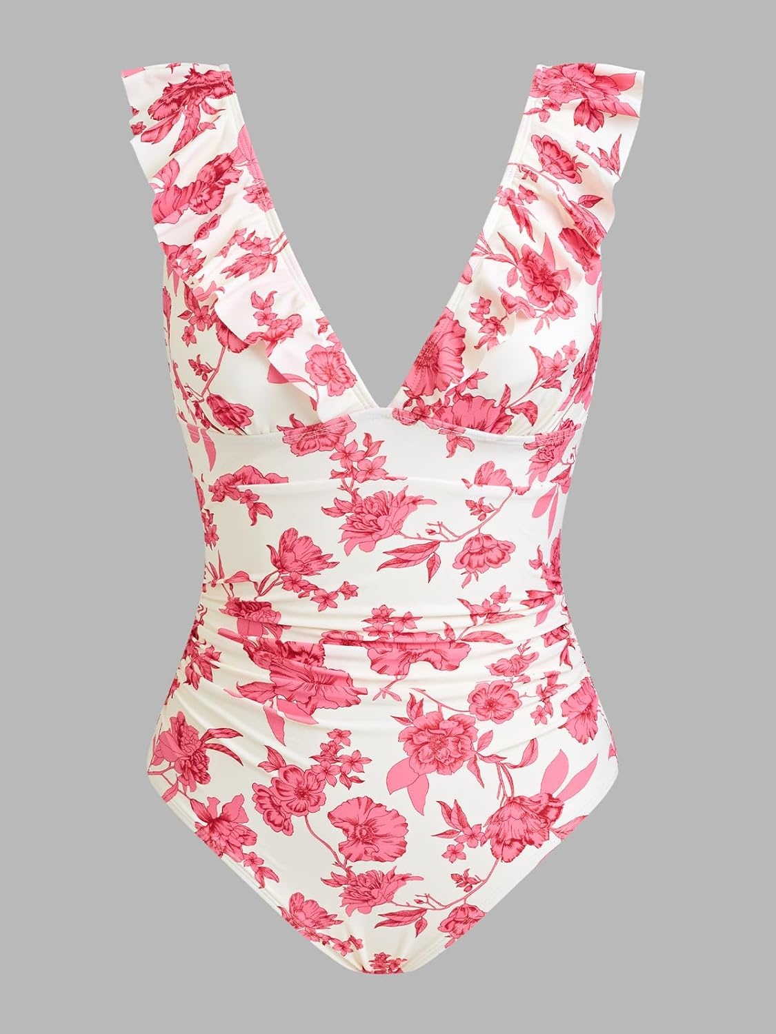 image:imageCUPSHE Womens Ruffled One Piece Swimsuit V Neck Lace UpCreamRed Floral
