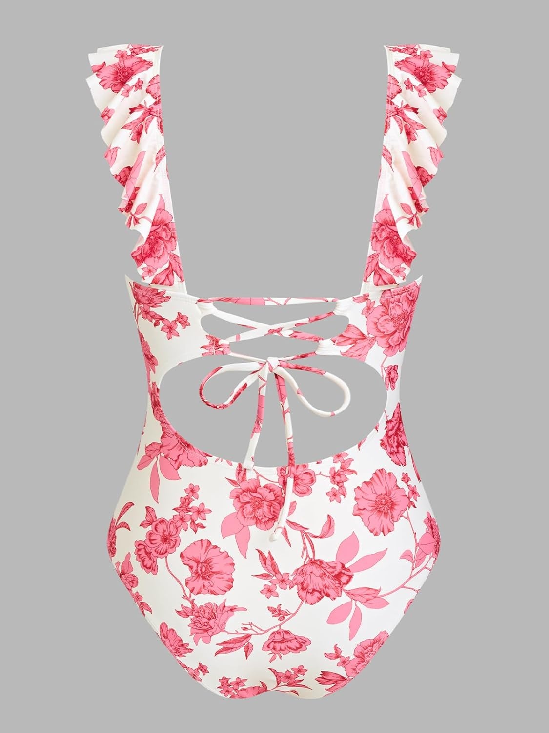 image:imageCUPSHE Womens Ruffled One Piece Swimsuit V Neck Lace UpCreamRed Floral