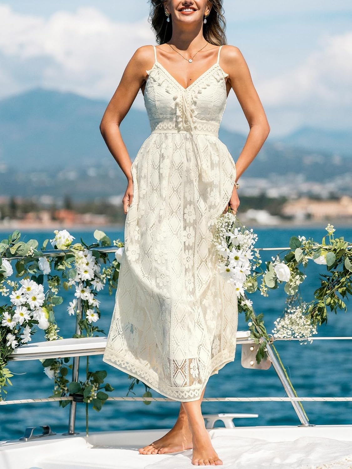 image:imageCUPSHE Womens Summer Boho Lace Maxi Dress V Neck Spaghetti Strap Sleeveless Flowy Beach Vacation Sundress with TasselBeige