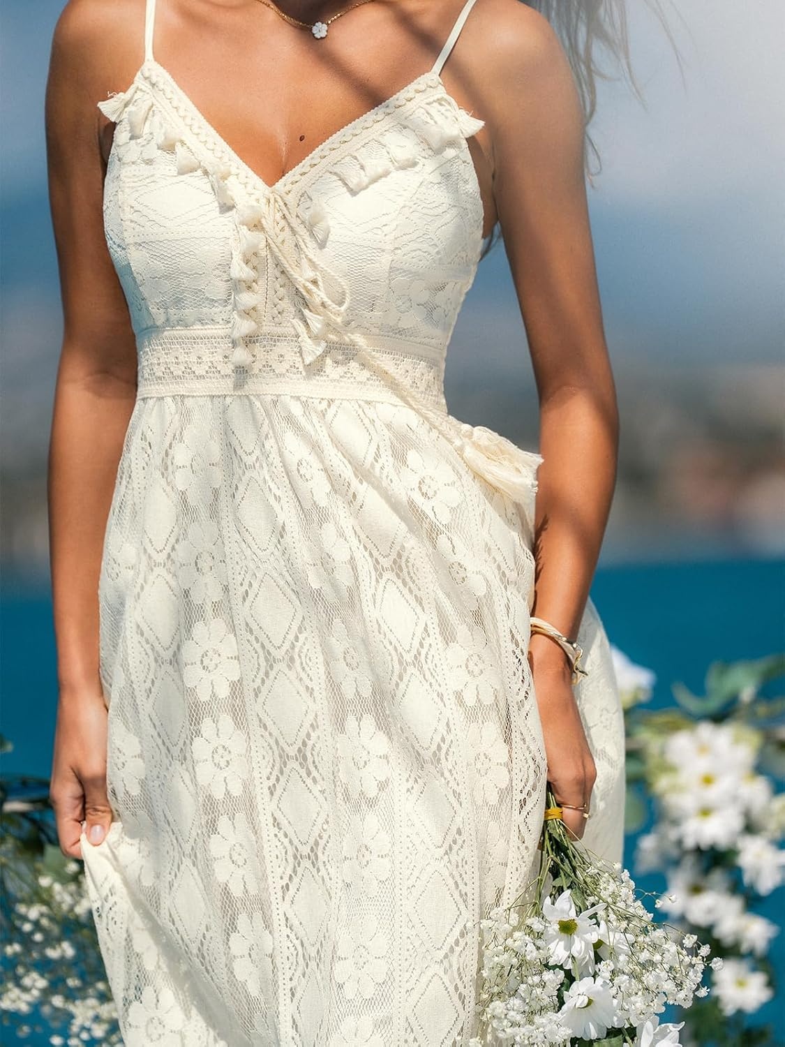 image:imageCUPSHE Womens Summer Boho Lace Maxi Dress V Neck Spaghetti Strap Sleeveless Flowy Beach Vacation Sundress with TasselBeige