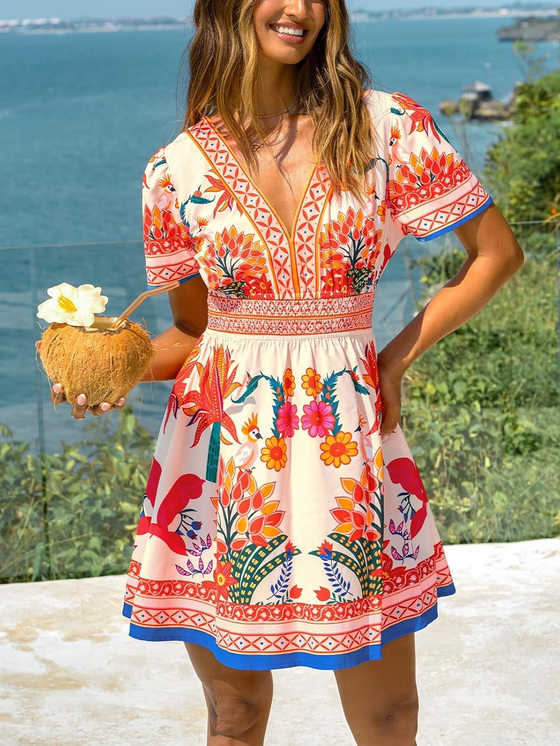 image:imageCUPSHE Womens Summer Dresses Tropical Resort Outfits V Neck Short Sleeve Smocked Boho Mini DressRed