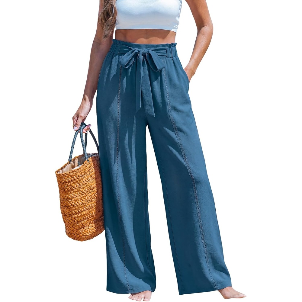 imageCUPSHE Palazzo Pants for Women with Pockets Casual Smocked Waist Wide Leg Pants Summer Loose Beach Vacation PantBlue2