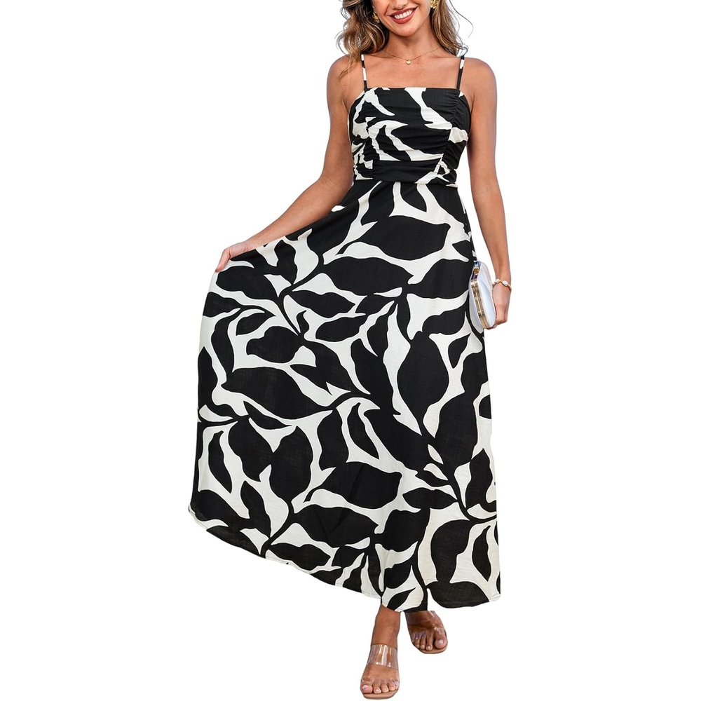 image:imageCUPSHE Summer Maxi Dress for Women Casual Beach Vacation Dress Spaghetti Strap Ruched Sleeveless Sundress A Line Resort WearBlack Abstract