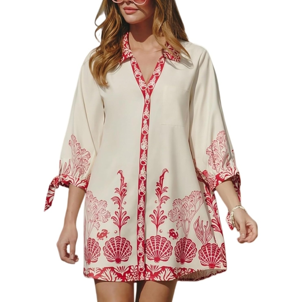 image:imageCUPSHE Women Mini Summer Dress Cover Up Oversize Floral Shirt 34 Sleeve Cuff Tie Button Down Beach Dresses Cover Up TopWhite Rose