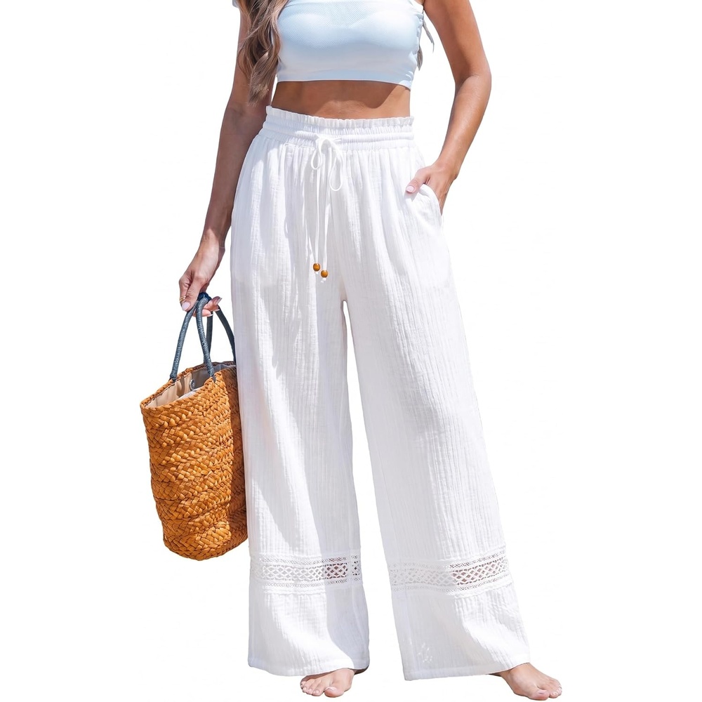 imageCUPSHE Women Wide Leg Beach Pants Tropical Floral Plus Size Pants with Pockets Vacation Casual DressyWhite