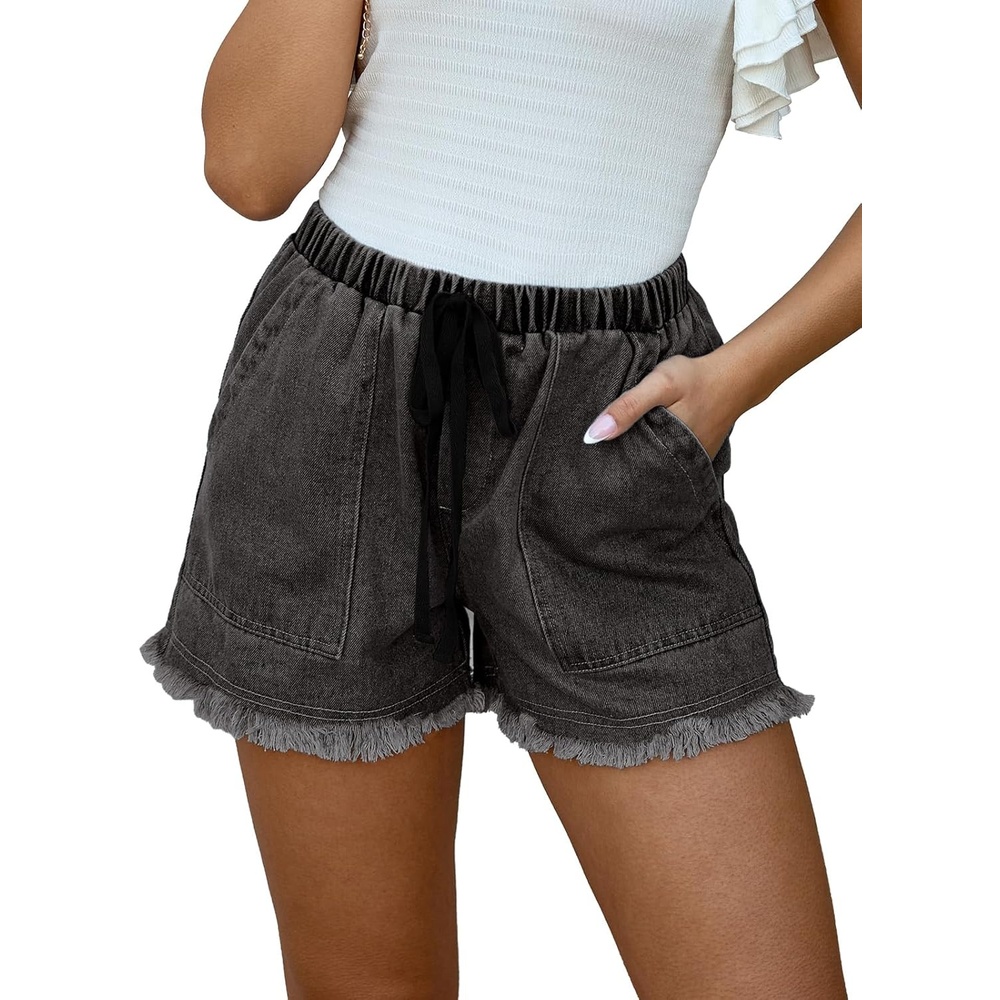 imageCUPSHE Womens Denim Shorts Drawstring Smocked Waist Frayed Hem Casual SummerSmoky Grey